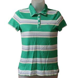 Vintage Y2K Hollister Green & White Stripe Baby Preppy Polo Shirt Top Medium